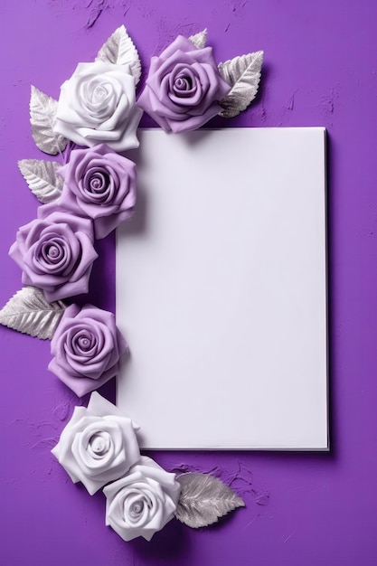 Tarjeta blanca en blanco sobre fondo morado y plateado con postal de rosas IA generativa