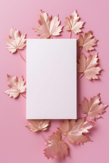 Tarjeta blanca en blanco sobre fondo rosa y dorado con hojas de arce AI generativa postal