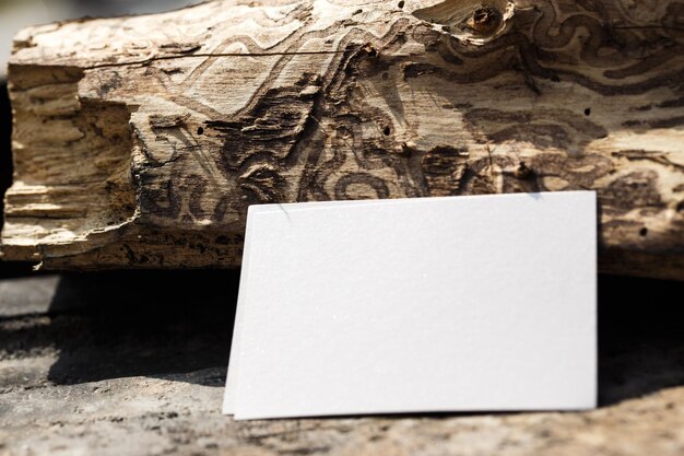 Una tarjeta blanca se encuentra en un trozo de madera al lado de un trozo de madera.