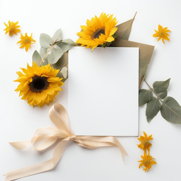 Una tarjeta blanca con una flor amarilla y una tarjeta blanca con un lazo.