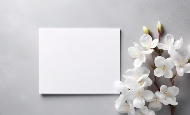 Una tarjeta blanca con flores blancas sobre un fondo gris.