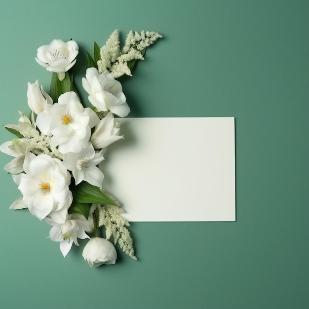 Una tarjeta blanca con flores blancas sobre un fondo verde.