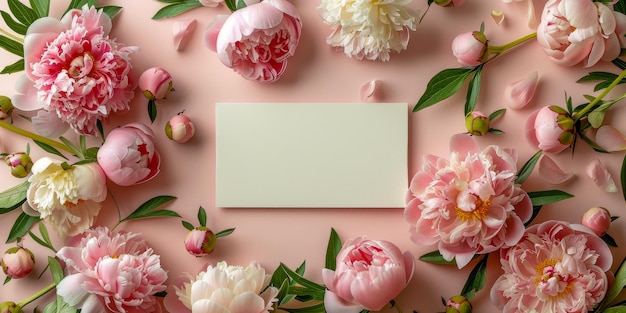 Foto una tarjeta blanca con flores rosas a su alrededor