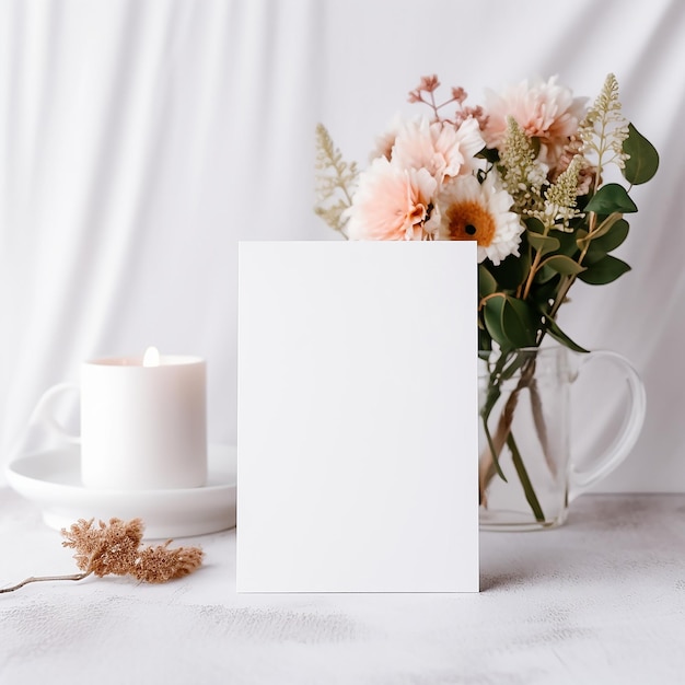 una tarjeta blanca con flores y una vela en una mesa