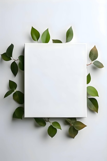 Tarjeta blanca hoja en blanco de papel hojas verdes en el fondo