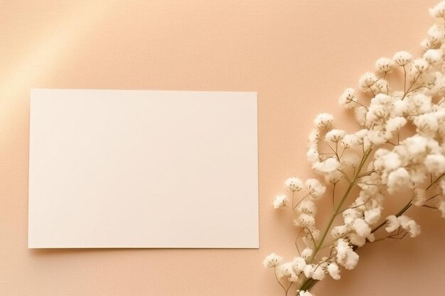 una tarjeta blanca sentada en la parte superior de una mesa junto a un ramo de flores