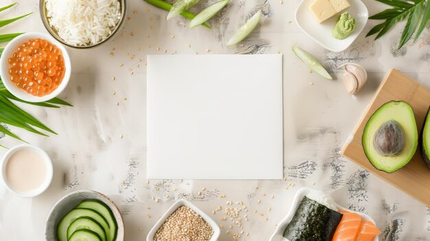 Foto tarjeta blanca vacía con arroz nori pepino aguacate cangrejo palo