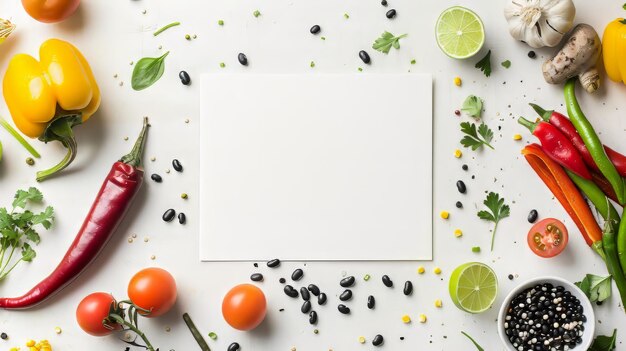 Foto tarjeta blanca vacía con pimientos de quinoa frijoles negros limón de maíz