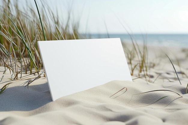 una tarjeta en blanco en la arena de la playa