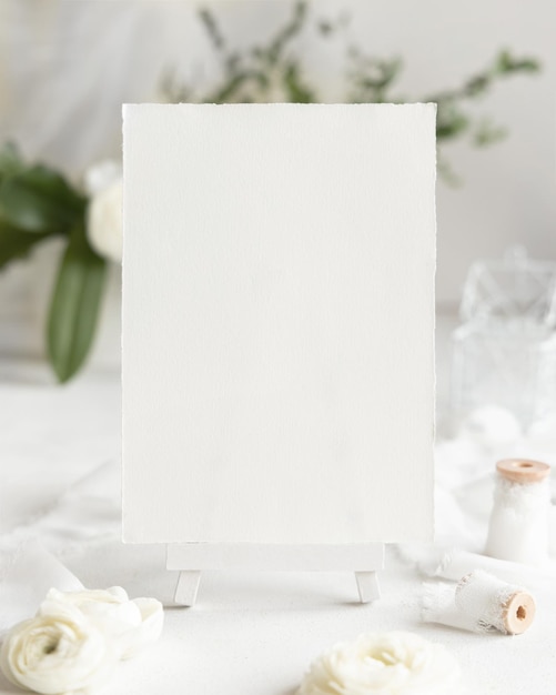 Tarjeta en blanco cerca de rosas color crema y cintas blancas de cerca Maqueta de boda