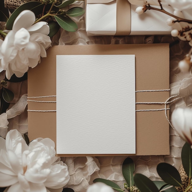 Foto una tarjeta en blanco se encuentra rodeada de frondosas peonías y envoltura de regalo rústica creando un espacio acogedor para mensajes personalizados los tonos cálidos y las texturas suaves evocan una sensación de comodidad y afecto