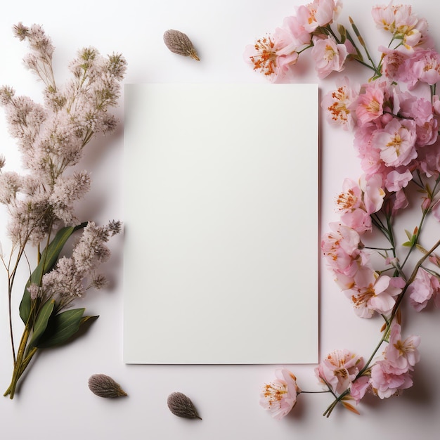 Tarjeta en blanco con flores alrededor del borde lista para maqueta