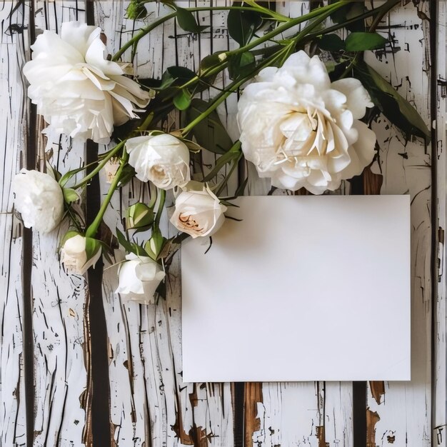 Tarjeta en blanco en un fondo de madera alrededor de flores blancas Lugares en su propio contenido Flores en flor un símbolo de primavera nueva vida