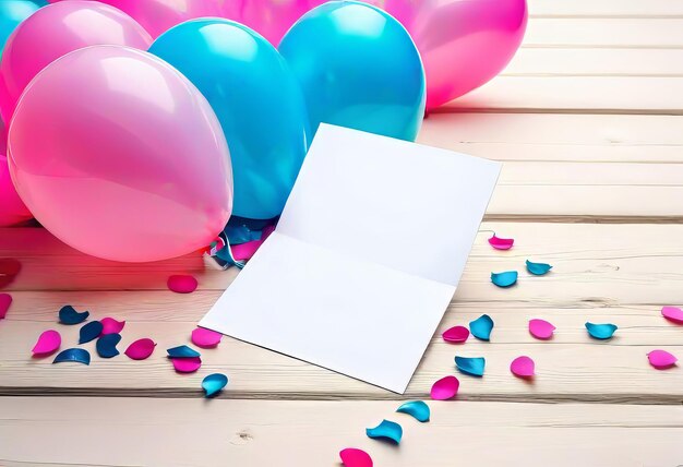 Foto tarjeta en blanco con globos sobre fondo de madera con impresión de confeti y fondo para tarjeta de felicitación