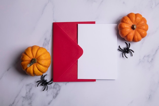 Tarjeta en blanco de Halloween y sobre con calabazas y arañas