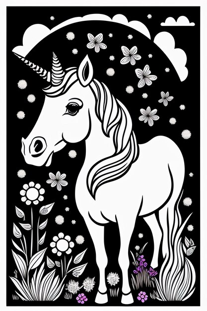 Una tarjeta en blanco y negro con un unicornio.