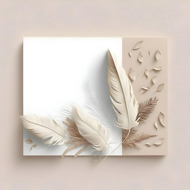 Tarjeta en blanco con plumas decoradas sobre un fondo claro