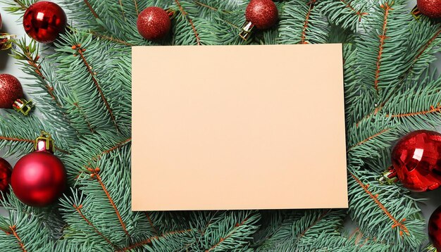 Tarjeta en blanco en las ramas del árbol de Navidad como vista superior de fondo
