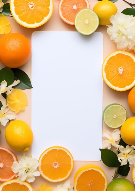 Una tarjeta en blanco rodeada de cítricos frescos para una invitación a un evento picante y refrescante mínimo