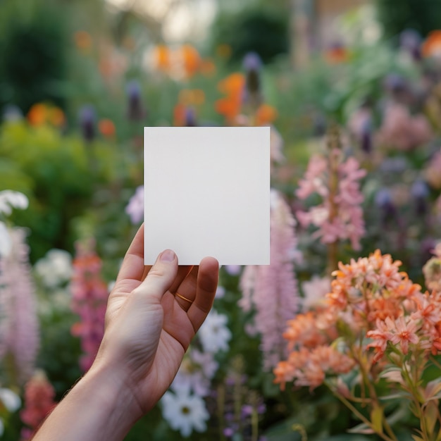 tarjeta en blanco rodeada de ramos de flores