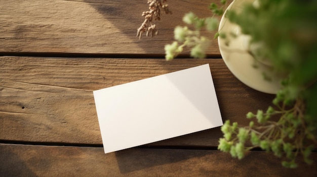 Una tarjeta en blanco sobre una mesa de madera con una tarjeta blanca sobre ella