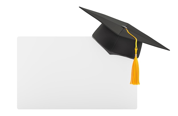 Tarjeta en blanco con sombrero de graduación en 3D