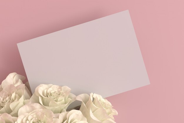 Tarjeta en blanco vacía con rosa blanca en una habitación rosa