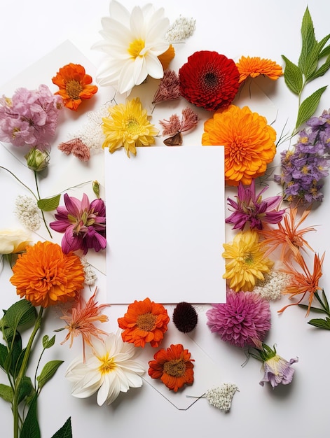 Foto tarjeta en blanco de vista superior vertical con flores flores orgánicas abstractas blooming floral sobre fondo blanco para tarjeta de invitación