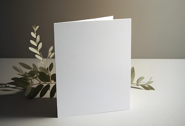 Tarjeta de boda en blanco o carta de invitación simulada con hojas naturales para fondo decorado tarjeta de diseño minimalista Ai generativo