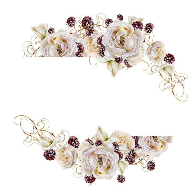 Tarjeta de boda de otoño en acuarela con flores de rosas y bayas