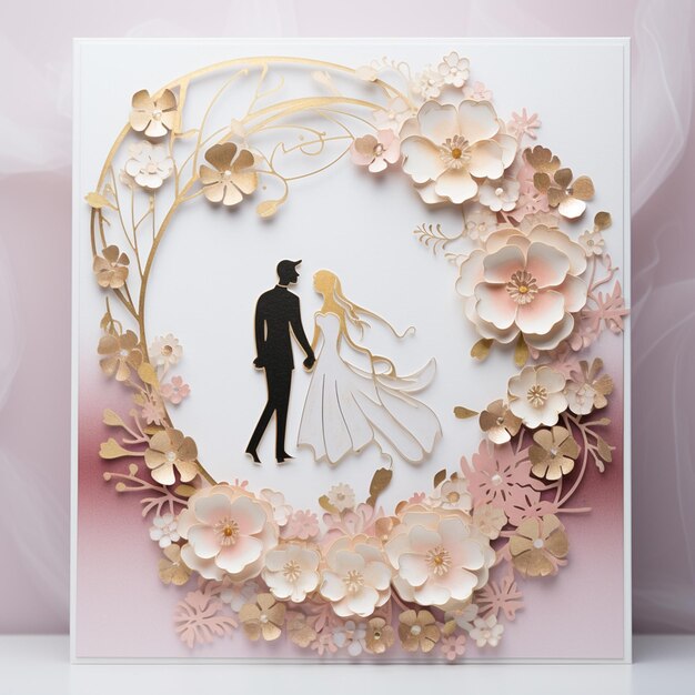 Tarjeta de boda con tema pastel y dorado