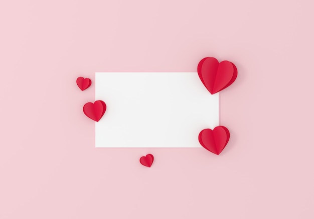 Tarjeta con corazones de papel sobre fondo rosa. Concepto de día de San Valentín, madre o mujer. Ilustración 3D.