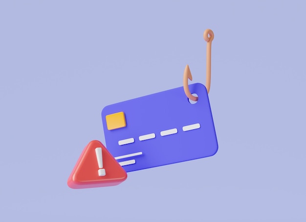 Tarjeta de crédito adjunta a un gran gancho hacker robando información de tarjeta de crédito fraude de tarjeta de crédito robo de fondos de crédito crimen cibernético estafa de phishing estafa en línea y robar ilustración de renderizado 3d