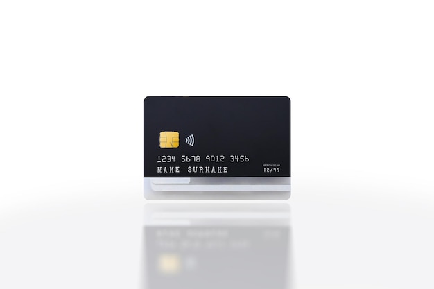 Tarjeta de crédito aislada sobre fondo blanco con trazado de recorte de objeto aislado de reflexión incluido Concepto comercial y financiero