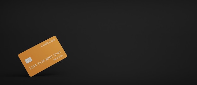 Tarjeta de crédito amarilla flotando sobre fondo negro Banca móvil y servicio de pago en línea