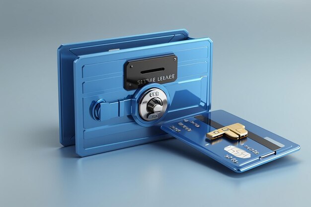 Tarjeta de crédito azul con caja fuerte