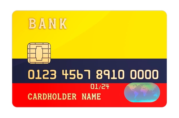 Tarjeta de crédito bancaria con bandera colombiana Sistema bancario nacional en Colombia concepto renderizado en 3D