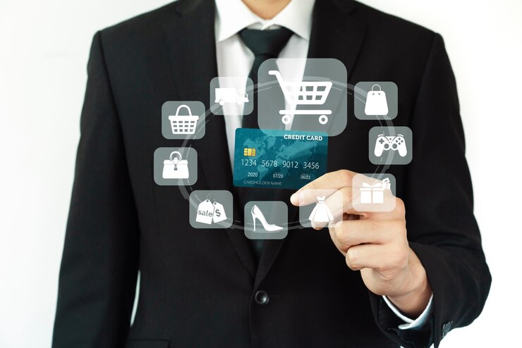Foto tarjeta de crédito del cliente con interfaz de holograma inventario de compras cybercash