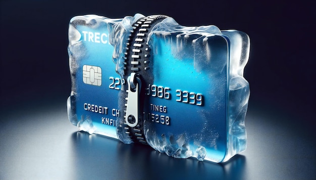 Foto tarjeta de crédito congelada en el bloque de hielo congelación financiera concepto perfecto para la crisis financiera congelación de crédito