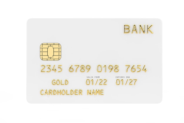 Tarjeta de crédito dorada de plástico blanco con chip sobre un fondo blanco. Representación 3D