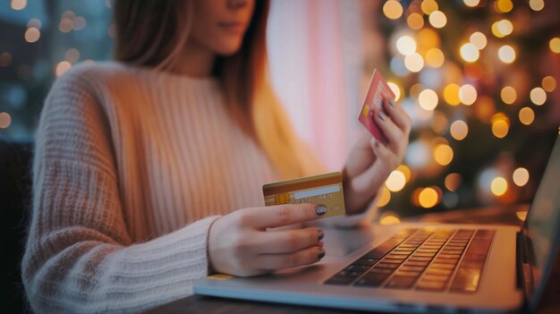 Con la tarjeta de crédito en la mano frente a la computadora portátil Concepto de pagos en línea