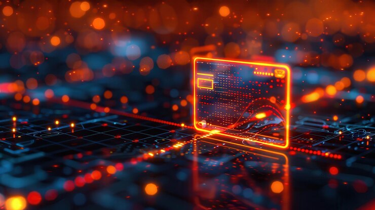 Tarjeta de crédito de neón en la red digital que simboliza las transacciones en línea y las finanzas digitales