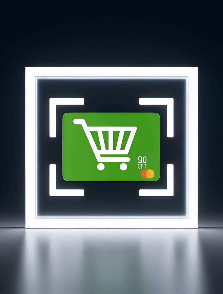 Foto tarjeta de crédito plana flotante marco de carrito de compras brillante ideal para las promociones financieras del lunes cibernético