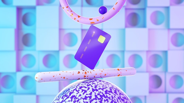 Una tarjeta de crédito en una posición equilibrada se apoya en formas abstractas en un esquema de color rosa azul en línea