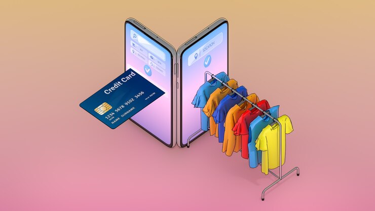 La tarjeta de crédito y la ropa en una percha aparecieron desde la pantalla de los teléfonos inteligentes, compras en línea o concepto de adicción a las compras.