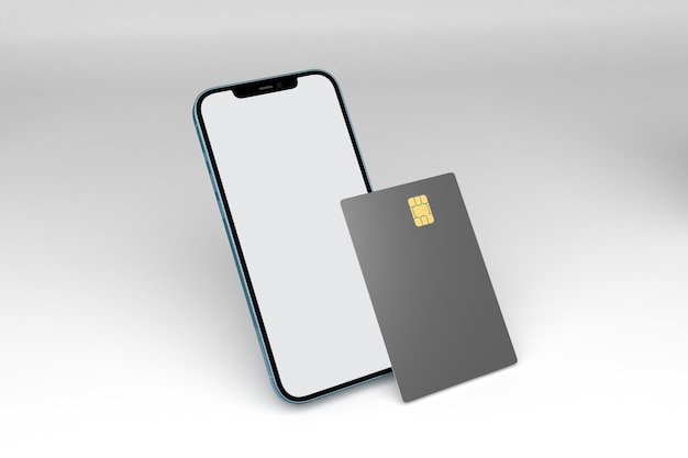 Tarjeta de crédito y teléfono lado izquierdo en fondo blanco.