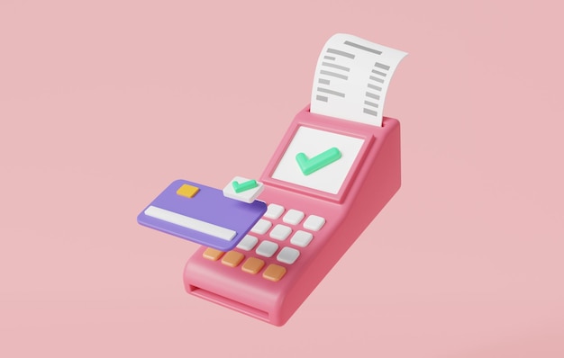 Tarjeta de crédito terminal pos y recibo Lector de tarjetas de crédito de pago en línea Transferencia digital compras en línea transacciones de pago de facturas concepto de pago de terminal pos en línea ilustración de renderizado 3d