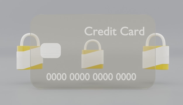 Tarjeta de crédito transparente con cerraduras de seguridad amarillas detrás sobre un fondo gris. Render 3d