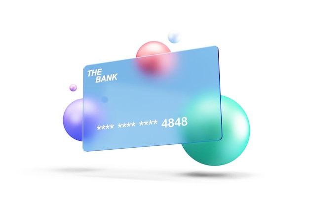 Tarjeta de crédito transparente con esferas de color sobre fondo blanco.