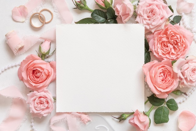 Foto tarjeta cuadrada cerca de rosas rosas anillos de boda y cintas de seda vista superior maqueta de boda